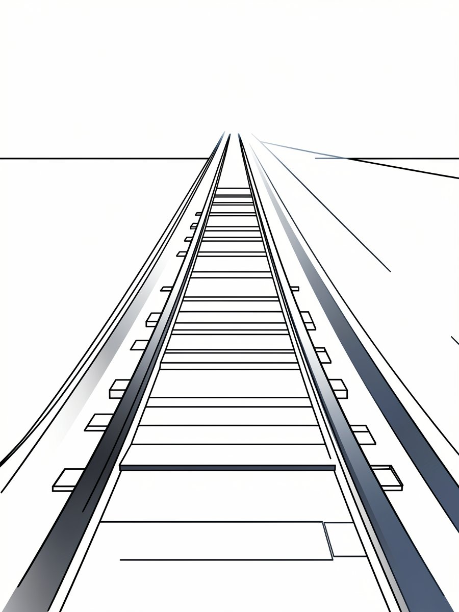 parallel railroad tracks converging, line art, technical blueprint style