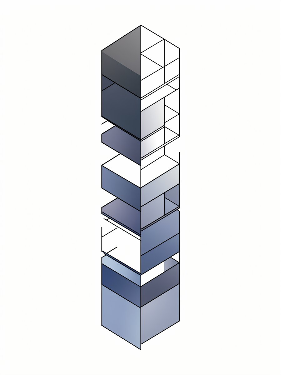 vertical slices of layered architecture blocks, technical blueprint line art, modular structure