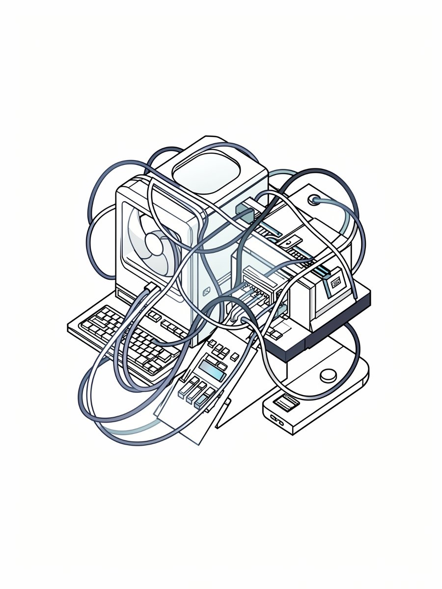 tangled wires and old computer hardware, line-art sketch style, black and white