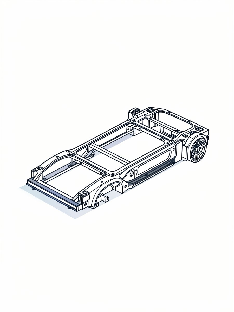 line-art car chassis frame on workshop floor, minimal sketch style, black and white