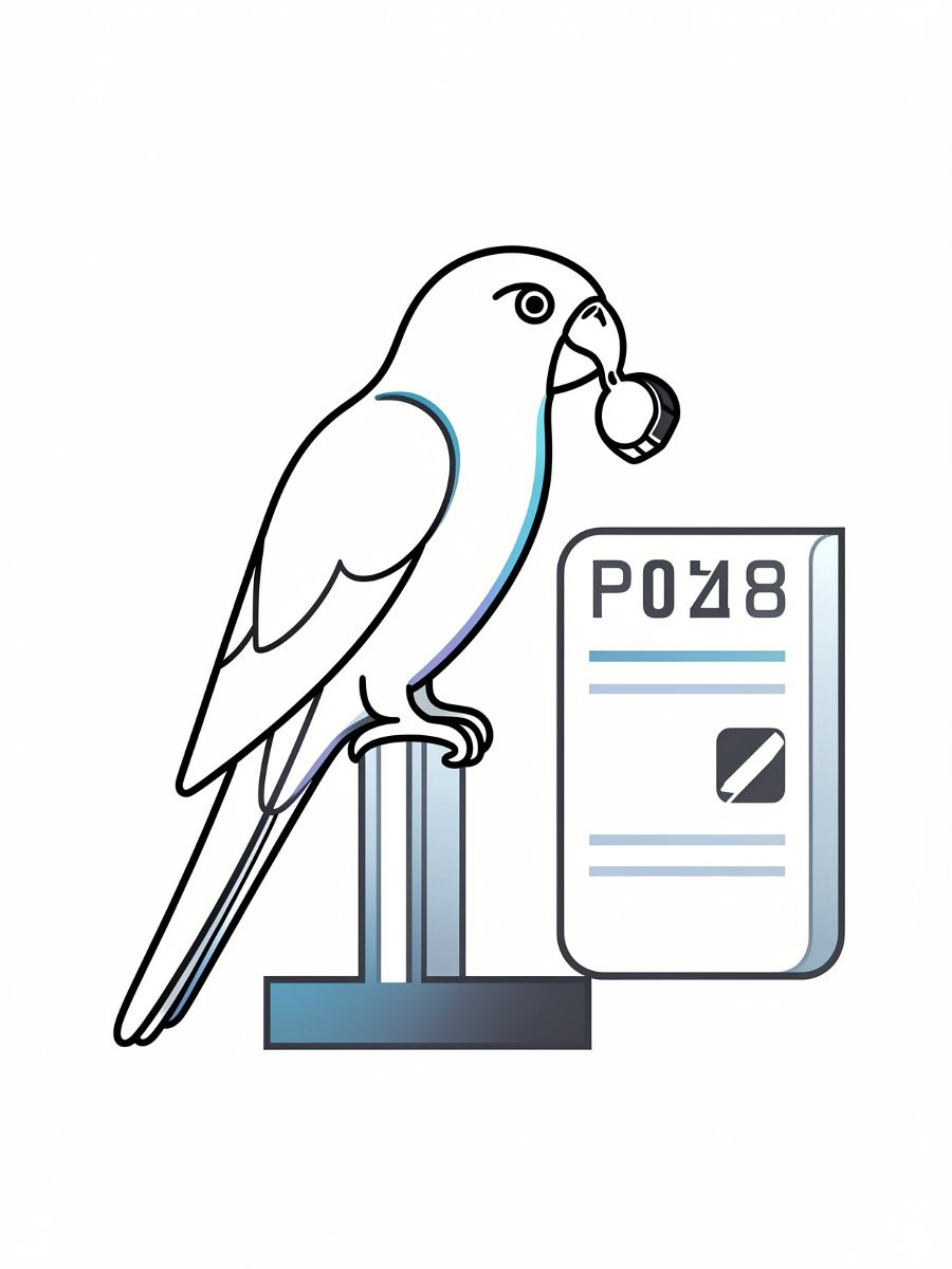 line-art parrot on a perch with a referee whistle and scoreboard, minimal sketch style, black and white