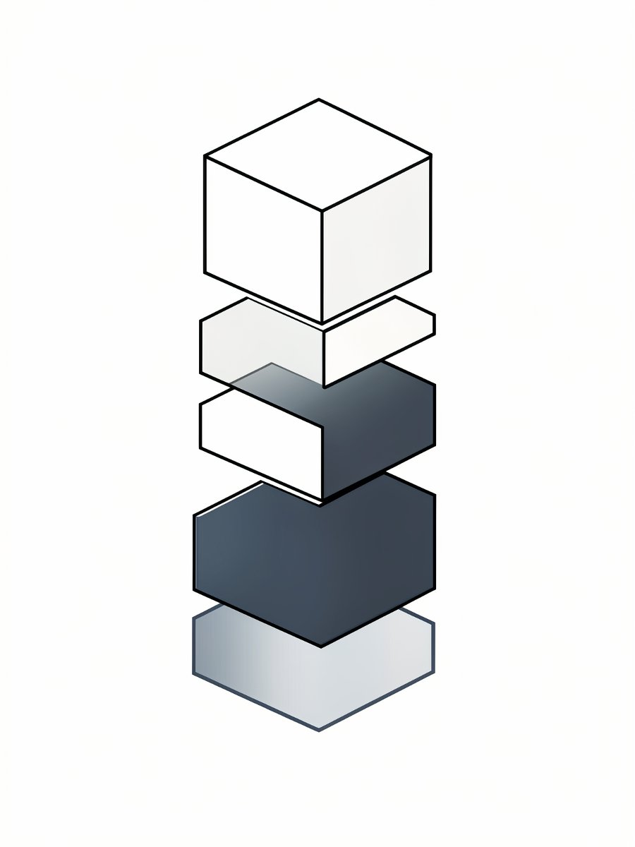 line-art vertical stack or layered architecture diagram, minimal black and white sketch style