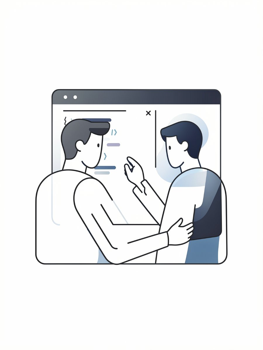 agent or developer reviewing code/metrics on a screen, minimal black and white sketch